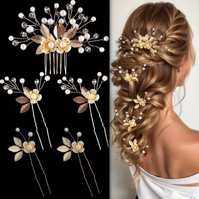 [Destaque] Conjunto De Pente De Flor De Cristal – Grampo De Cabelo Com Enfeite De Pérola Em Forma De U Chapéus De Noiva 