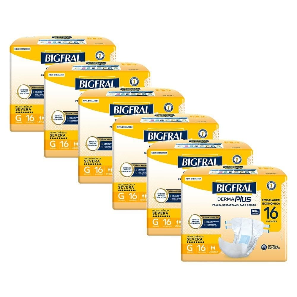 Kit 6 Fraldas Geriátricas Bigfral Derma Plus G com 16un cada