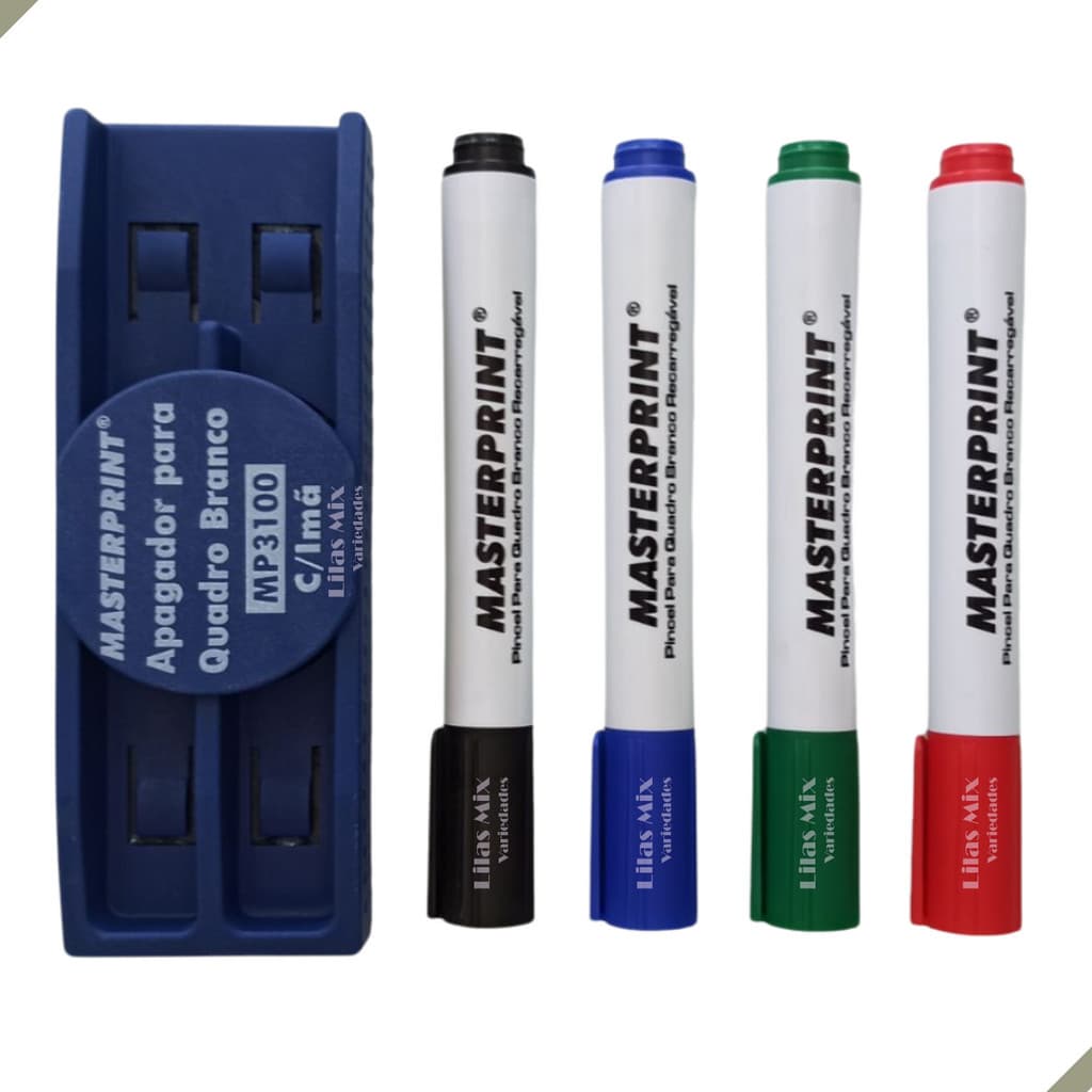 kit Pincel para Quadro Branco  02 Cores Diversas Recarregáveis + Apagador Quadro Branco