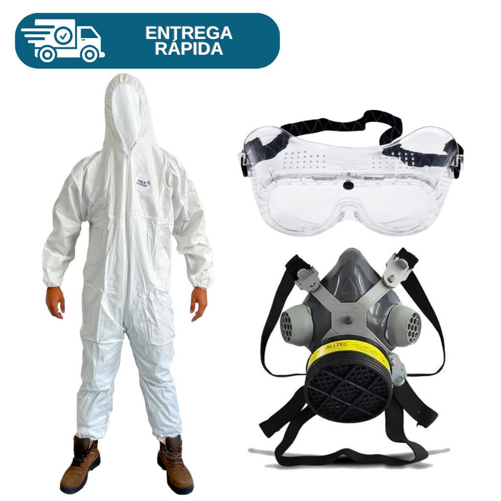 Kit Macacão TNT Pintura + Mascara Respirador Com 1 Filtro Alltec + Oculos Ampla Visão Perfurado Proteção Epi