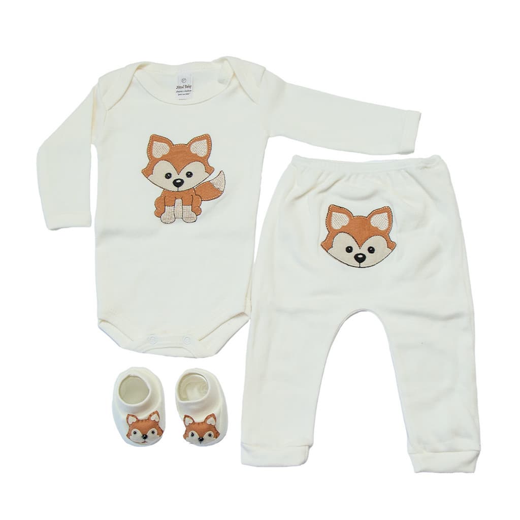 Body Bebê Canelado Menina e Menino Conjunto 3 peças c/mijão bordado e sapatinho tema raposa