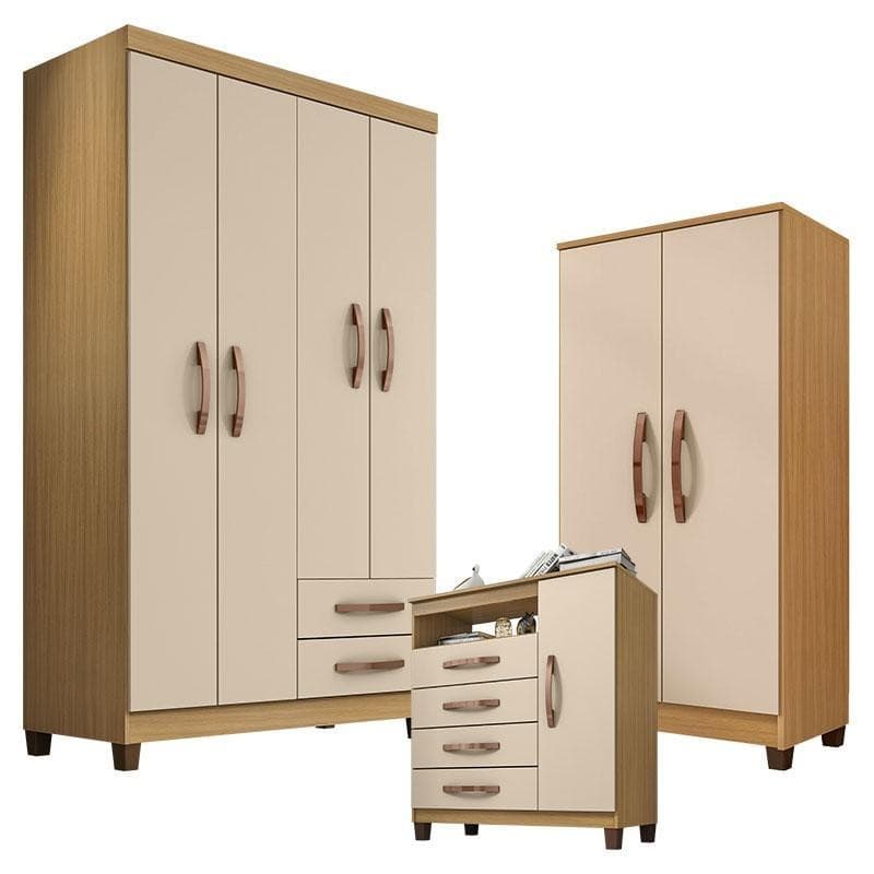 Guarda Roupa Modena 4P c/ Cômoda Gaveteira Cannes e Armário Recife Carvalho Americano Off White - Incorplac