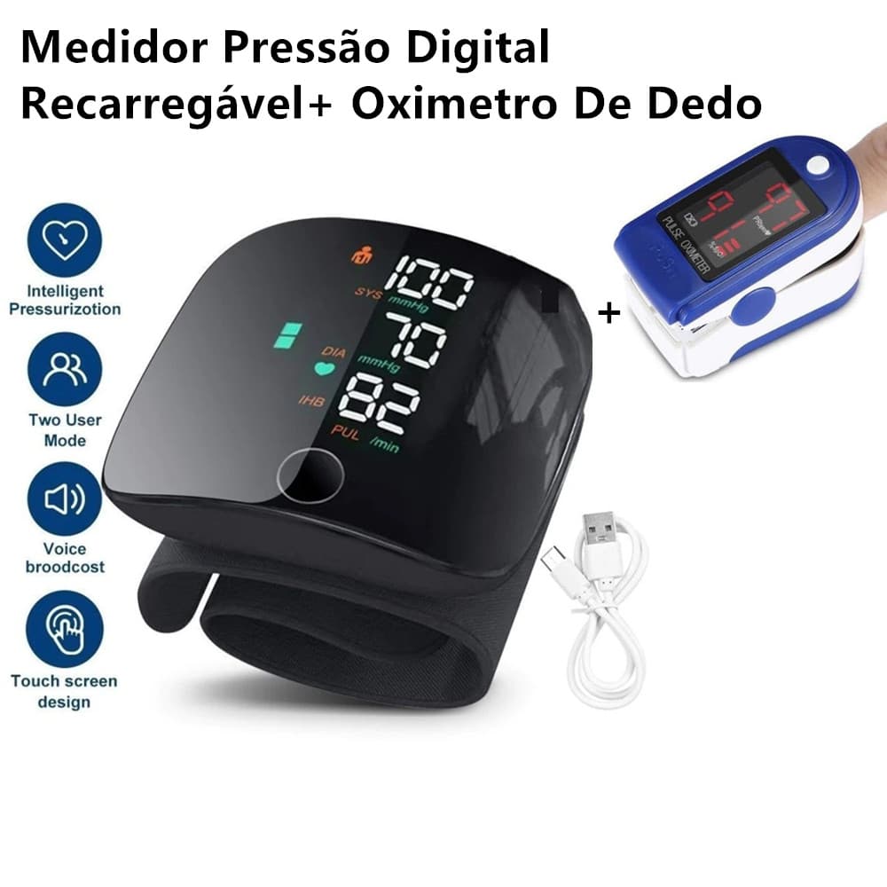 KIT Medidor Pressão Digital Recarregável De Pulso Com Voz Monitor Inteligente + Oximetro De Dedo