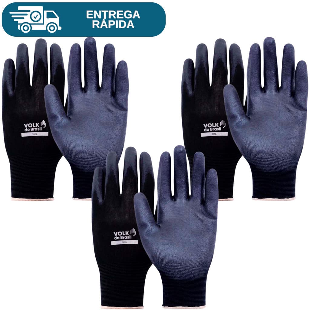 Kit 3 Prs Luva De Segurança Multitato Tatil Tato Poliamida Com Banho PU Antiestática Mecânico Pedreiro Serviços Gerais
