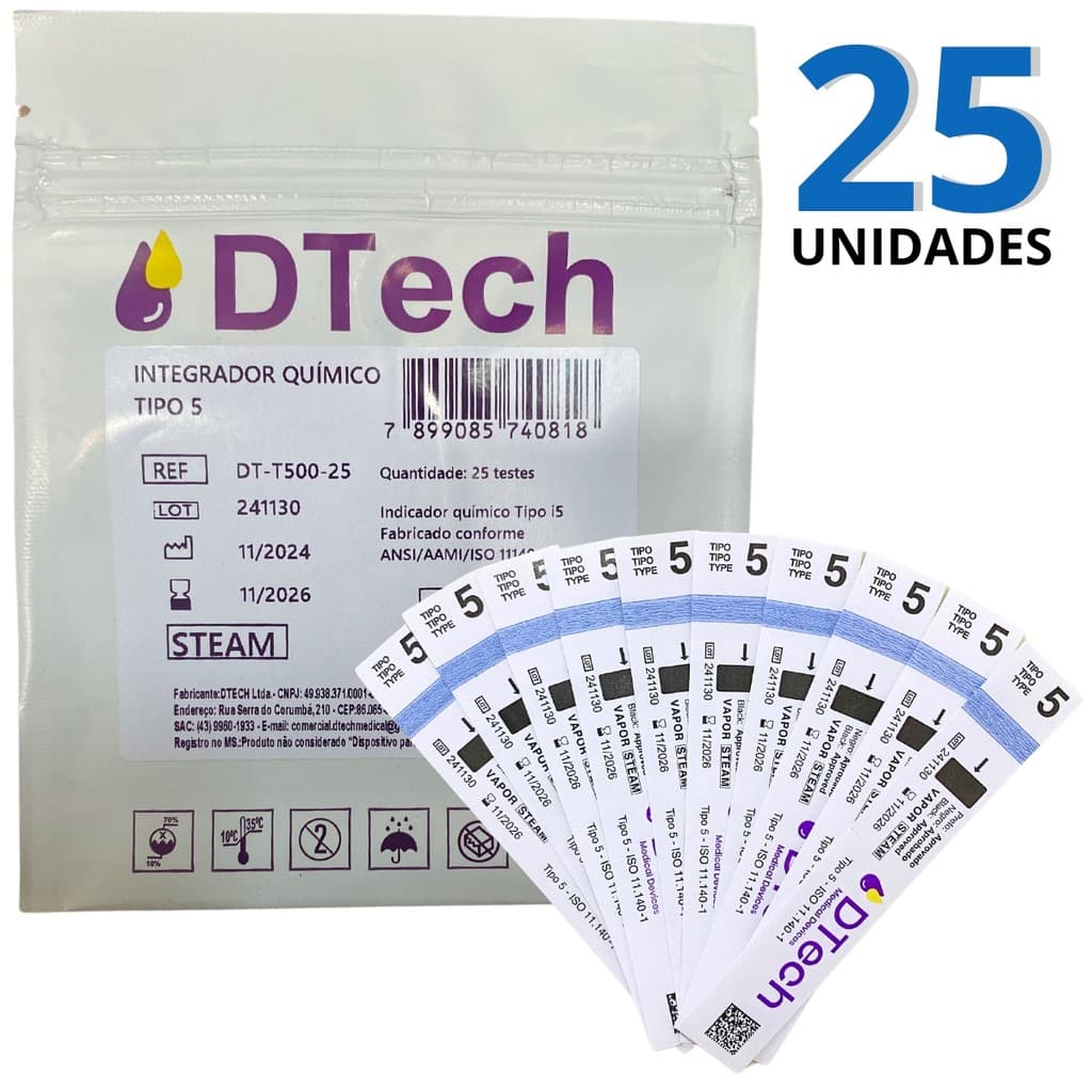 Indicador Teste Químico 25 UN Esterilização Autoclave DTech