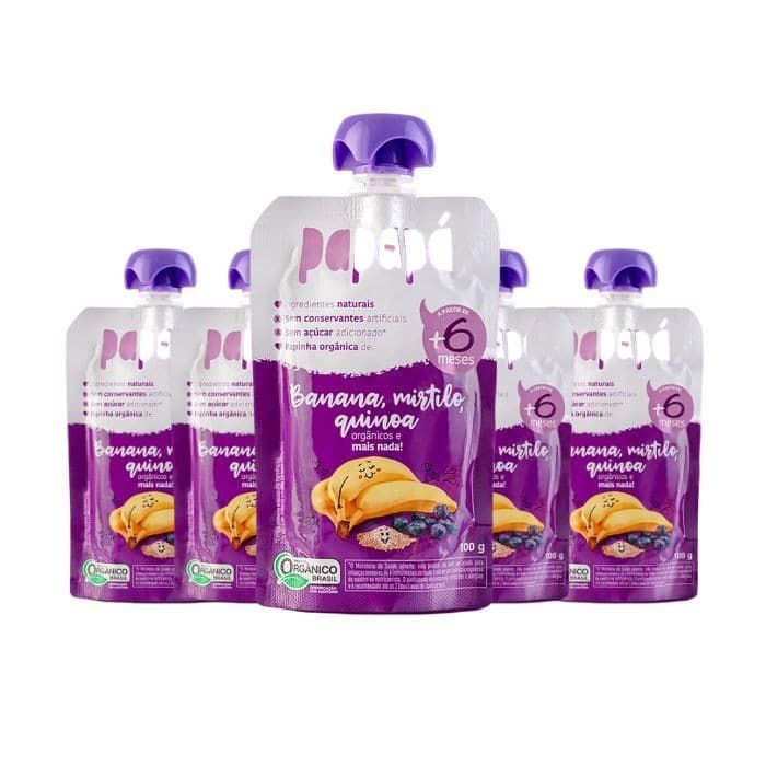 Papinha Papapá Banana, Mirtilo e Quinoa Sem Açúcar, Orgânico, 100% Natural contendo 5 unidades de 100g cada
