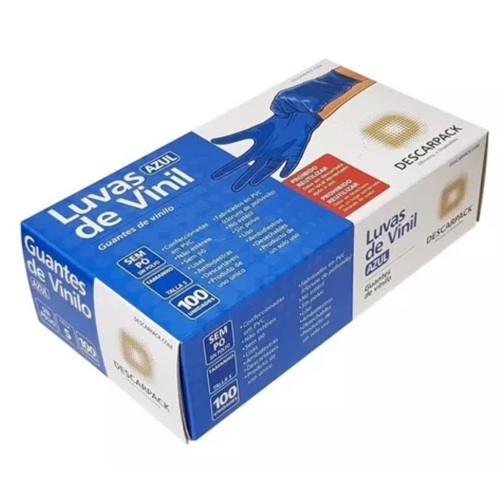 Luva De Vinil Azul Descarpack Sem Pó Com 100 Unidades