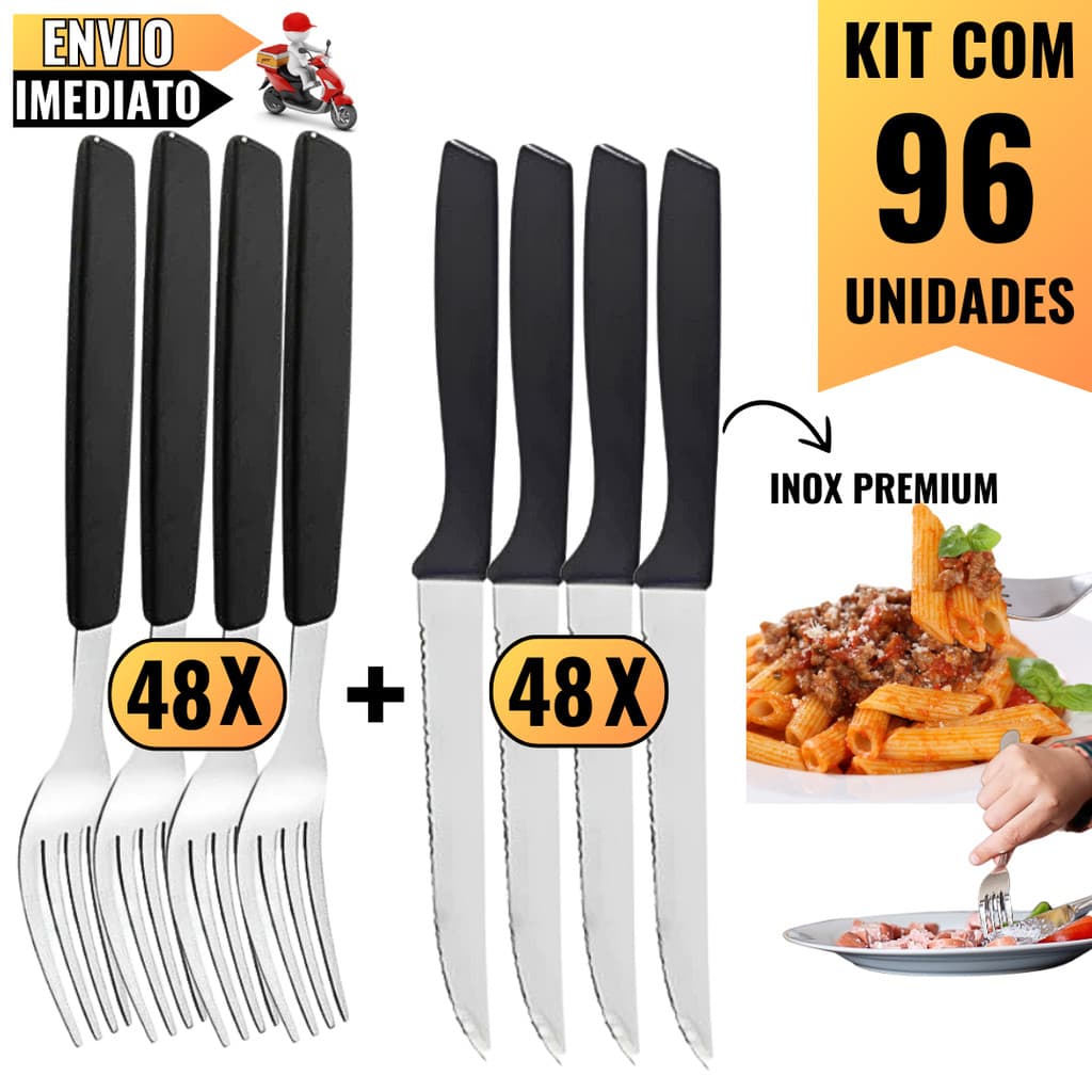 Kit 96 Peças Talheres Inox – 48 Garfos e 48 Facas Pretos Premium Para Churrascos, Jantares e Uso Profissional