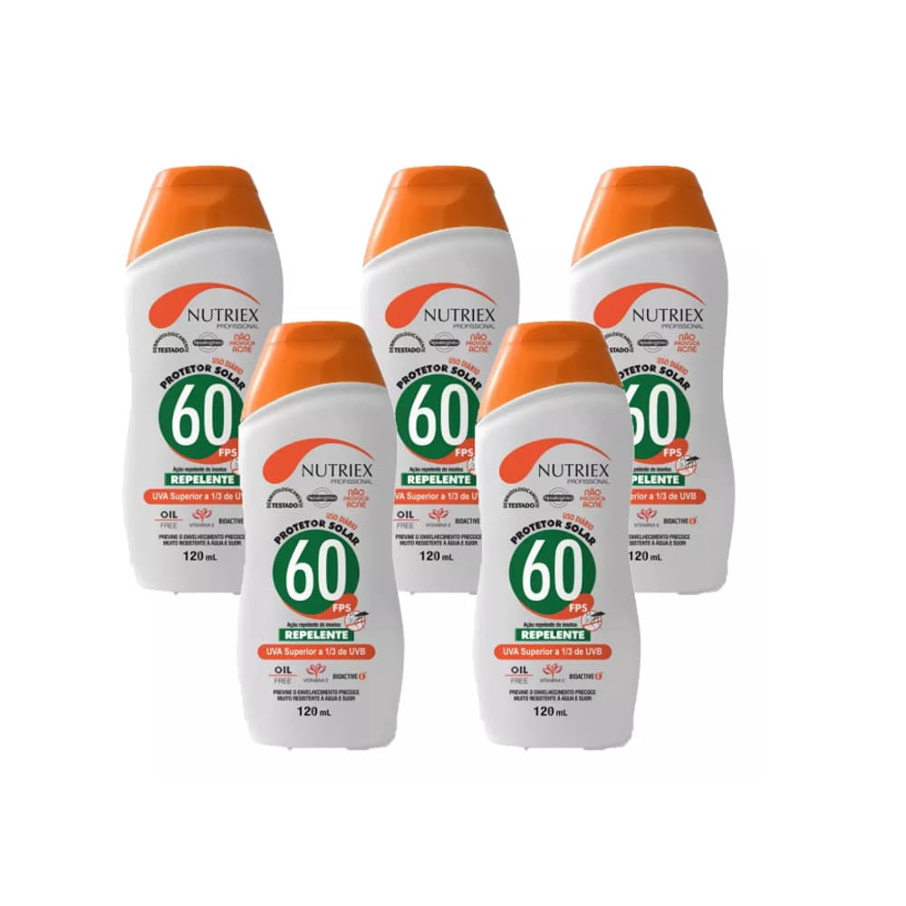 KIT COM 5 PROTETOR SOLAR FPS 60 1/3 UVA C/ REPELENTE 120ML