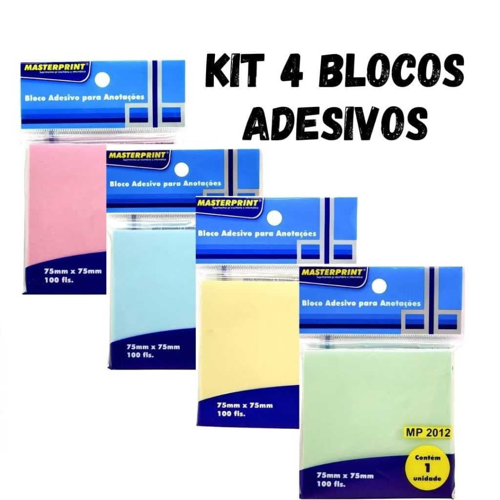 Kit 4 Bloco Adesivo com 100 Folhas Cada Rosa Azul Verde Amarelo Para Recado e Anotações MasterPrint