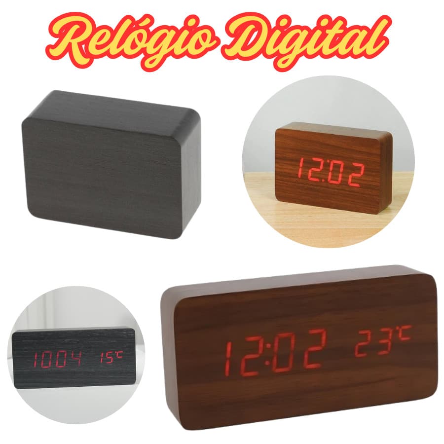 Relógio De Mesa Digital De Madeira Com Temperatura E Data Grande 15x4x7Cm Ou Pequeno 10x4x7Cm E USB