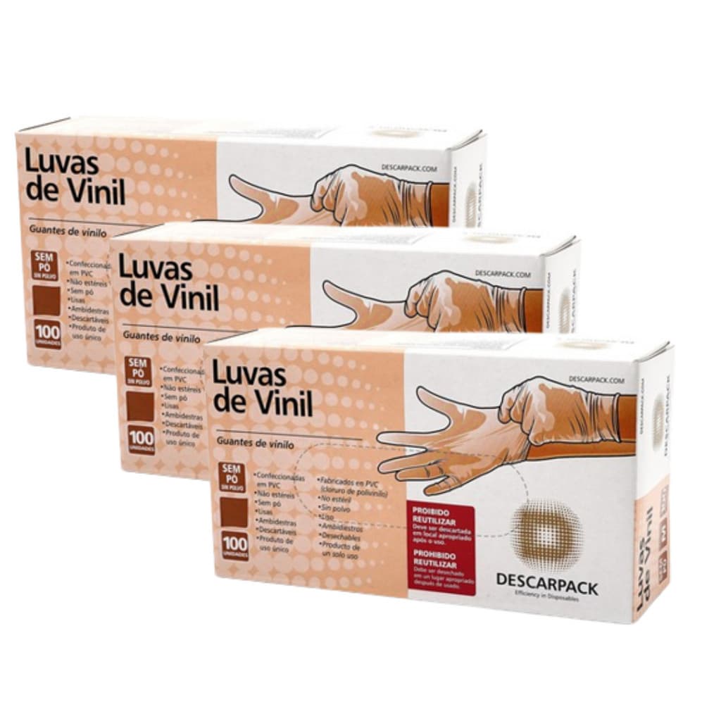 Kit 3 Luvas De Vinil Descartável Sem Pó Descarpack 100 Undades