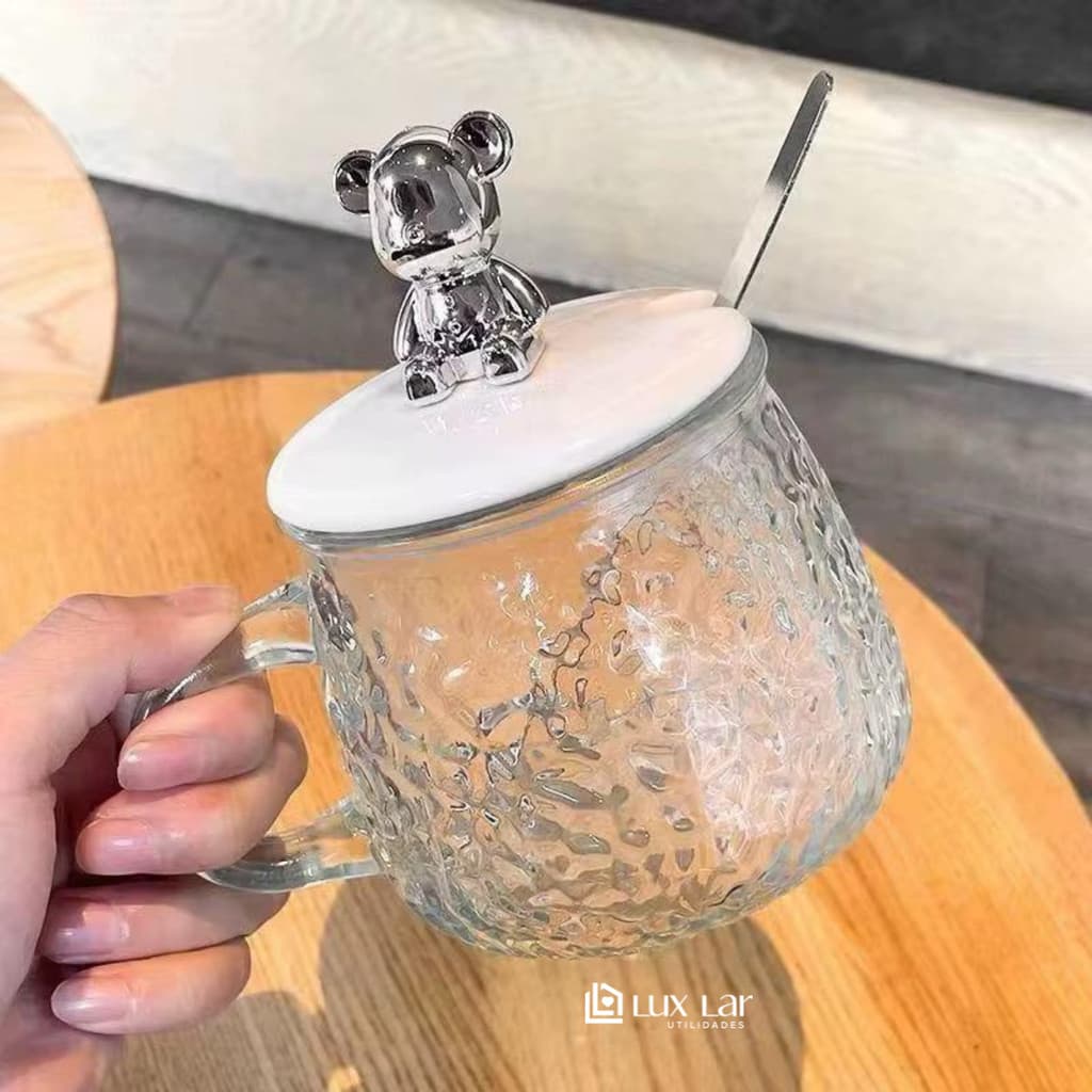 Jogo de Xícaras para Café Chá de Vidro Cristal com Tampa de Urso e Colher de Inox Transparente Bear-