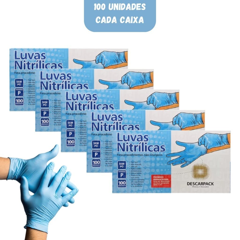 Luva Descarpack Nitrílica Azul com 100 Unidades Tamanho P - 5 Caixas