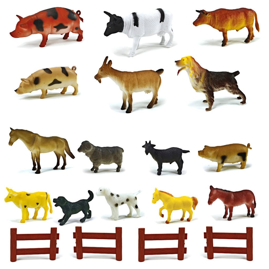 BRINQUEDO KIT DE ANIMAIS DA FAZENDA DE BORRACHA COM 4 CERCA E 15 ANIMAIS DIVERSOS - HM TOYS