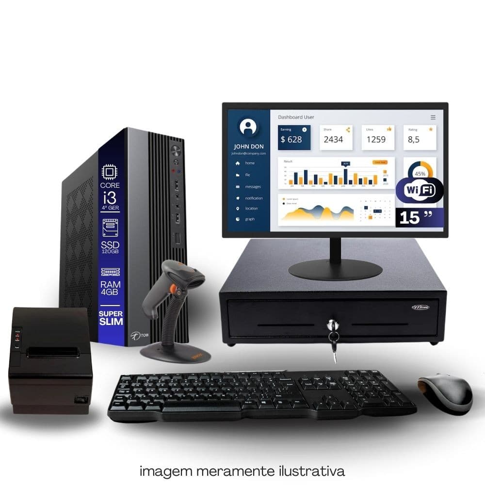 Kit PDV TOB i3 4ªG 4GB SSD 120GB Win10 Rede S/Fio Teclado Mouse Monitor 15" Gvt. Dinheiro  Imp Térmica Leitor Cód Barras