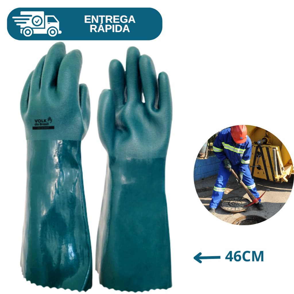Luva De PVC 46cm Verde Cano Longo Forrada Palma Áspera Resistente Proteção Química Esgoto Epi Volk