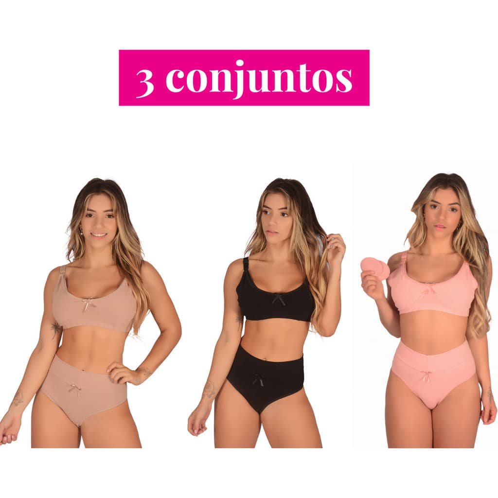 Kit com 3 Conjuntos (Sutiã de Amamentação + Calcinha Pós Parto) Reforçado em Algodão Sutian sem Bojo e Calsinha Cós Alto para Maternidade , Gestante e Grávida Feminino Básico Afina Cintura