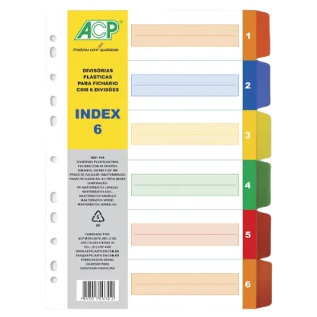 Divisória Plástica Para Fichário Colorida com 6 Divisões - ACP