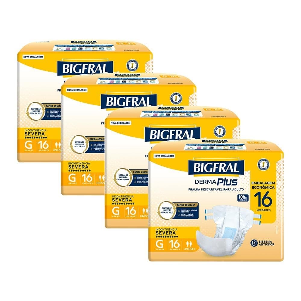 Kit 4 Fraldas Geriátricas Bigfral Derma Plus G com 16un cada