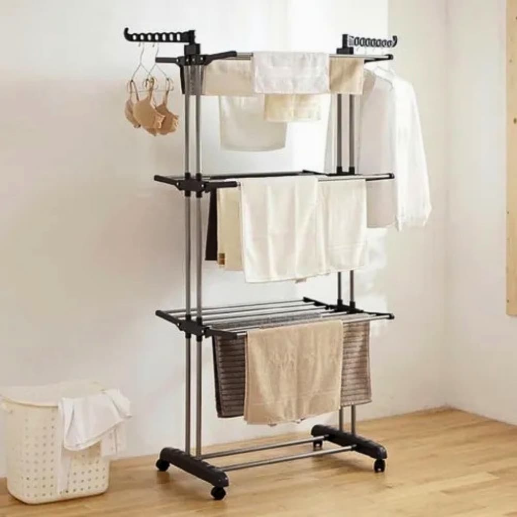 Varal De Chão Com Rodinhas Retrátil Articulado Dobrável 3 Andares Perfeito Para Lugares Pequenos
