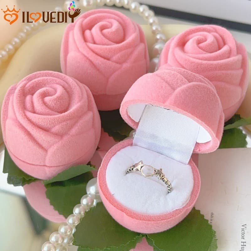 [Destaque] Caixa De Anel De Flor De Rosa Flocada-Estojo De Armazenamento Para Exibição De Joias-Decoração De Casamento D