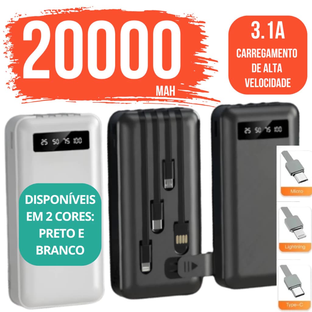 Carregador Power Bank 20000mah Portátil de celular Universal Saida 4 Cabos
