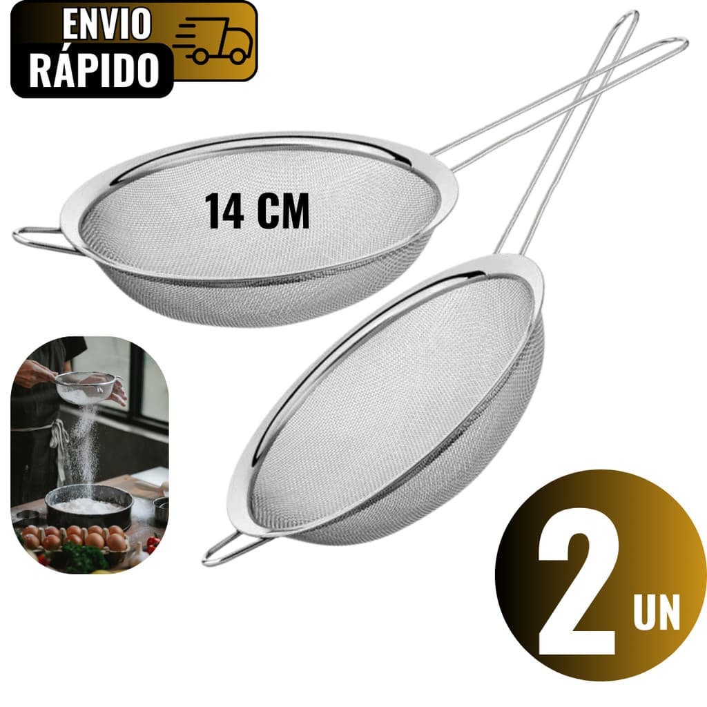 Conjunto 2 Peneira 14cm Aço Inox Para Coar Suco Fruta Farinha Para Cozinheiro Restaurante Lanchonete