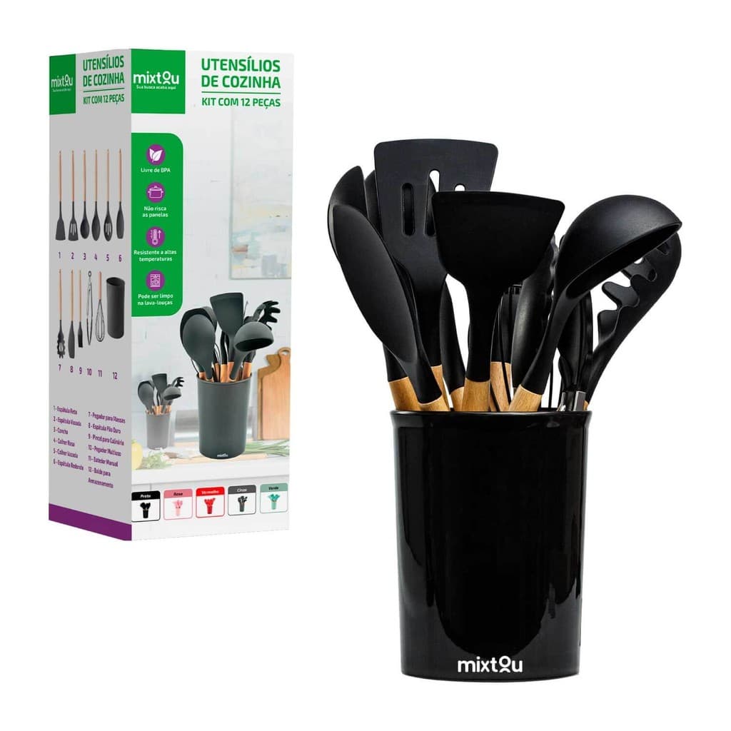 Kit 12 Utensílios De Cozinha Em Silicone E Cabo De Madeira