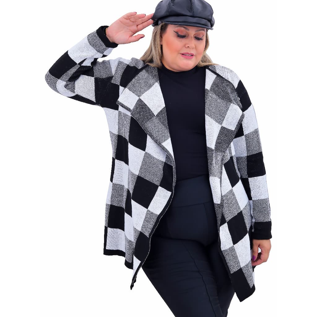 Kimono Trico Lã Feminino Feminino Inverno Manga Longa Xadrez