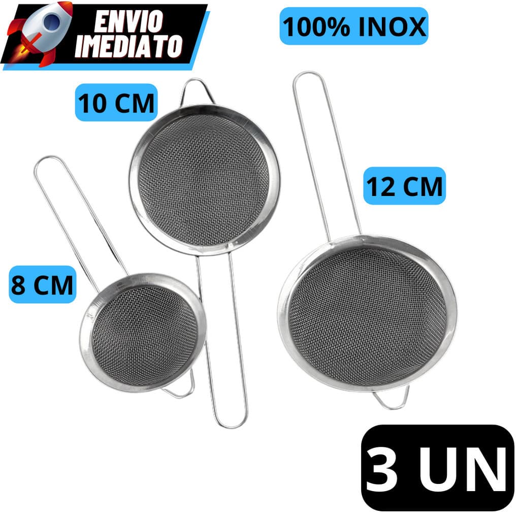 OFERTA Kit 3 Peneira Coador Em Aço Inox Para Cozinha Tamanhos P M G