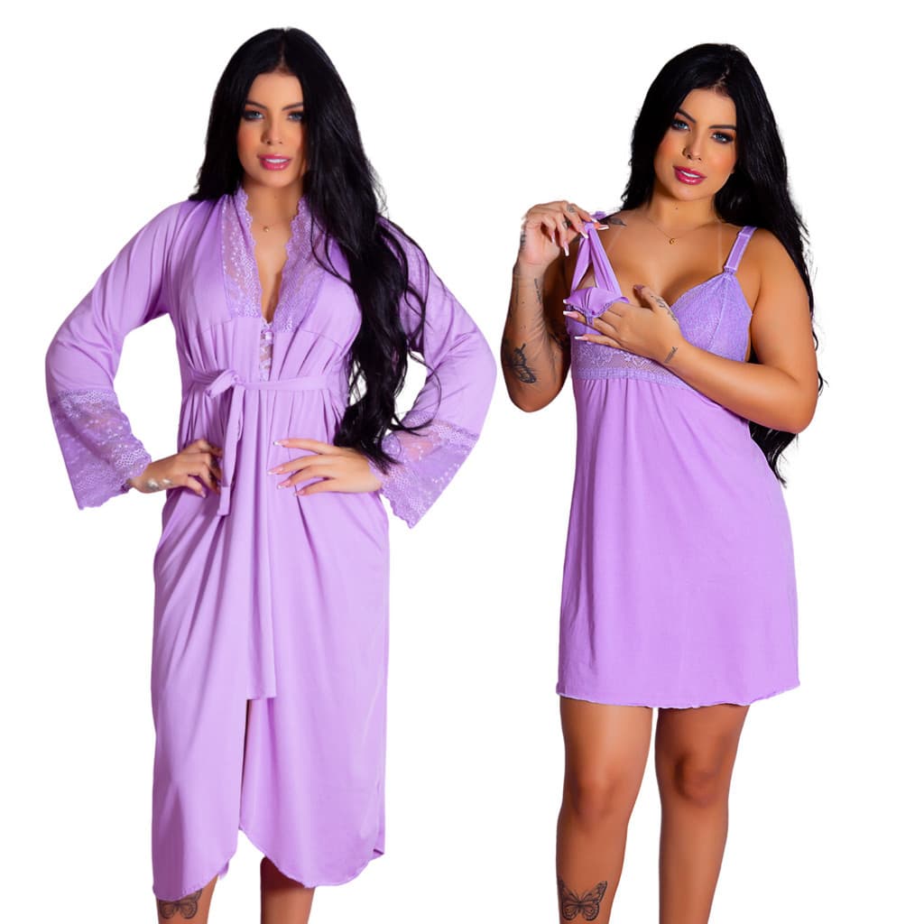 Kit Robe Longo e Camisola Amamentação Gestante Vestido Dormir Confortável Maternidade Pós Parto