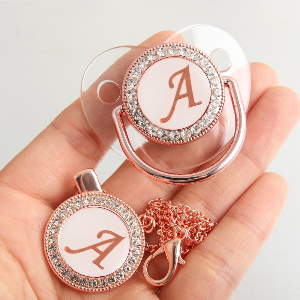 26 Letras Limpar Rose Gold Baby Pacifier Com Clip De Corrente