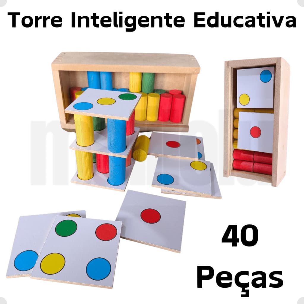 Torre Inteligente Pedagógica Brinquedo Educativo em Madeira Colorida Jogo Interativo com 40 peças