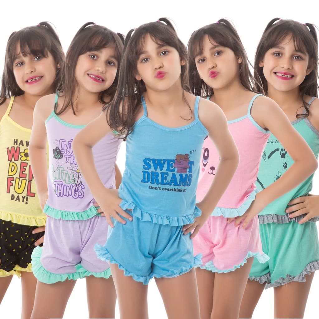 Kit 5 Pijamas INFANTIL MALHA Baby Doll Estampado Personagens Short Doll MALHA Confortável