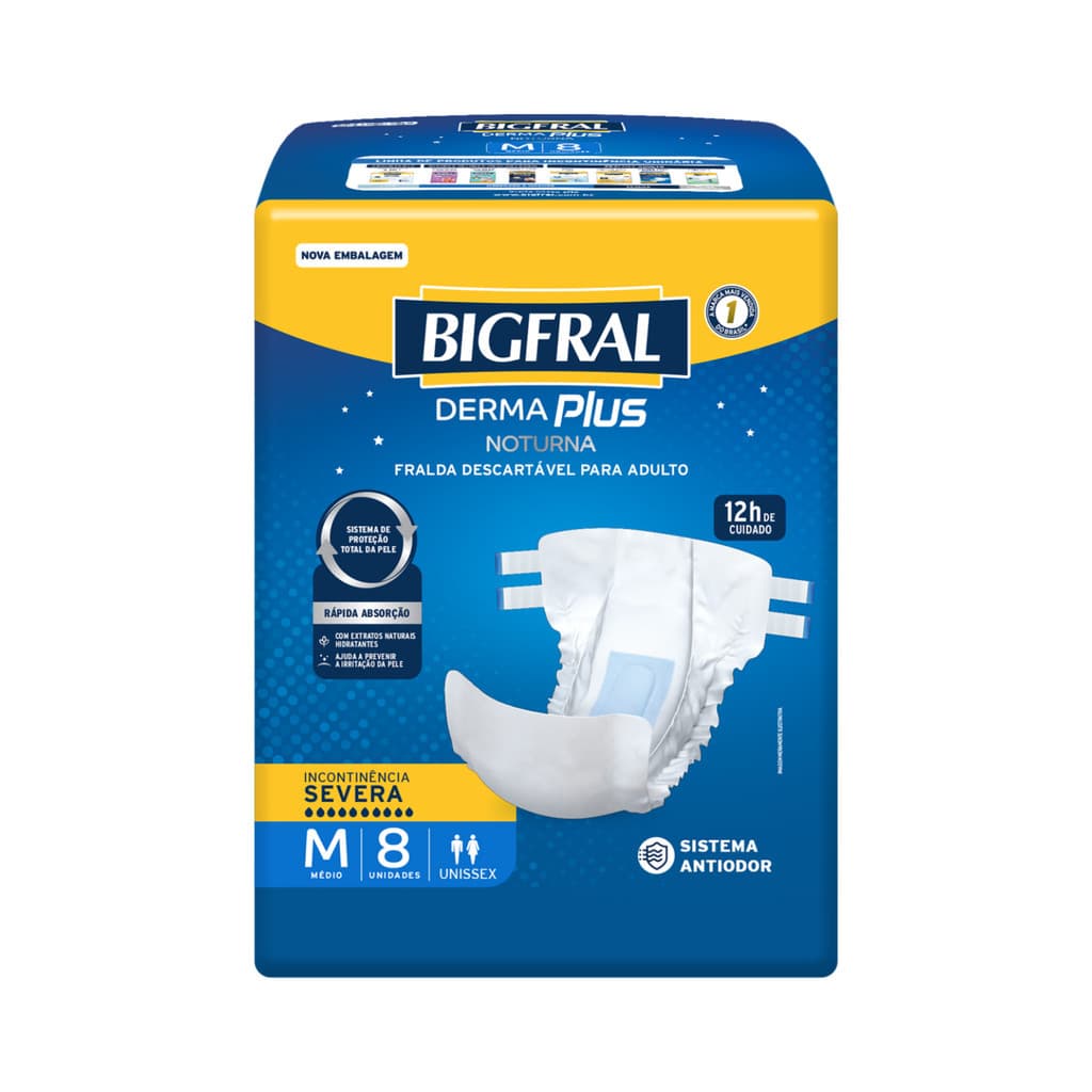 1 Pacote de Fralda Bigfral Derma Plus Noturna - Tamanho M –  c/8un - Adulto / Geriátrica-  Sistema antiodor