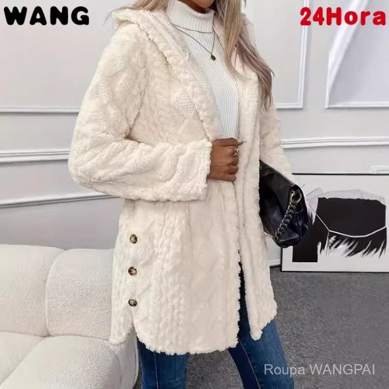 Cardigã de Manga Longa com Capuz de Cor Sólida para Mulheres