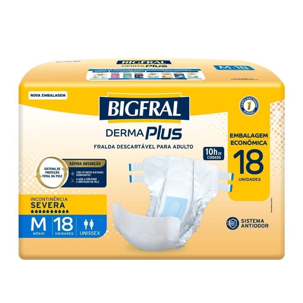 Fralda Geriátrica Bigfral Derma Plus M com 18un Embalagem Econômica