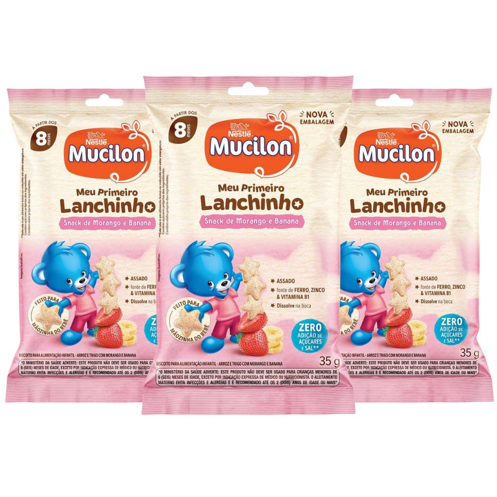 Kit 3 Lanchinho Mucilon Morango e Banana 35g