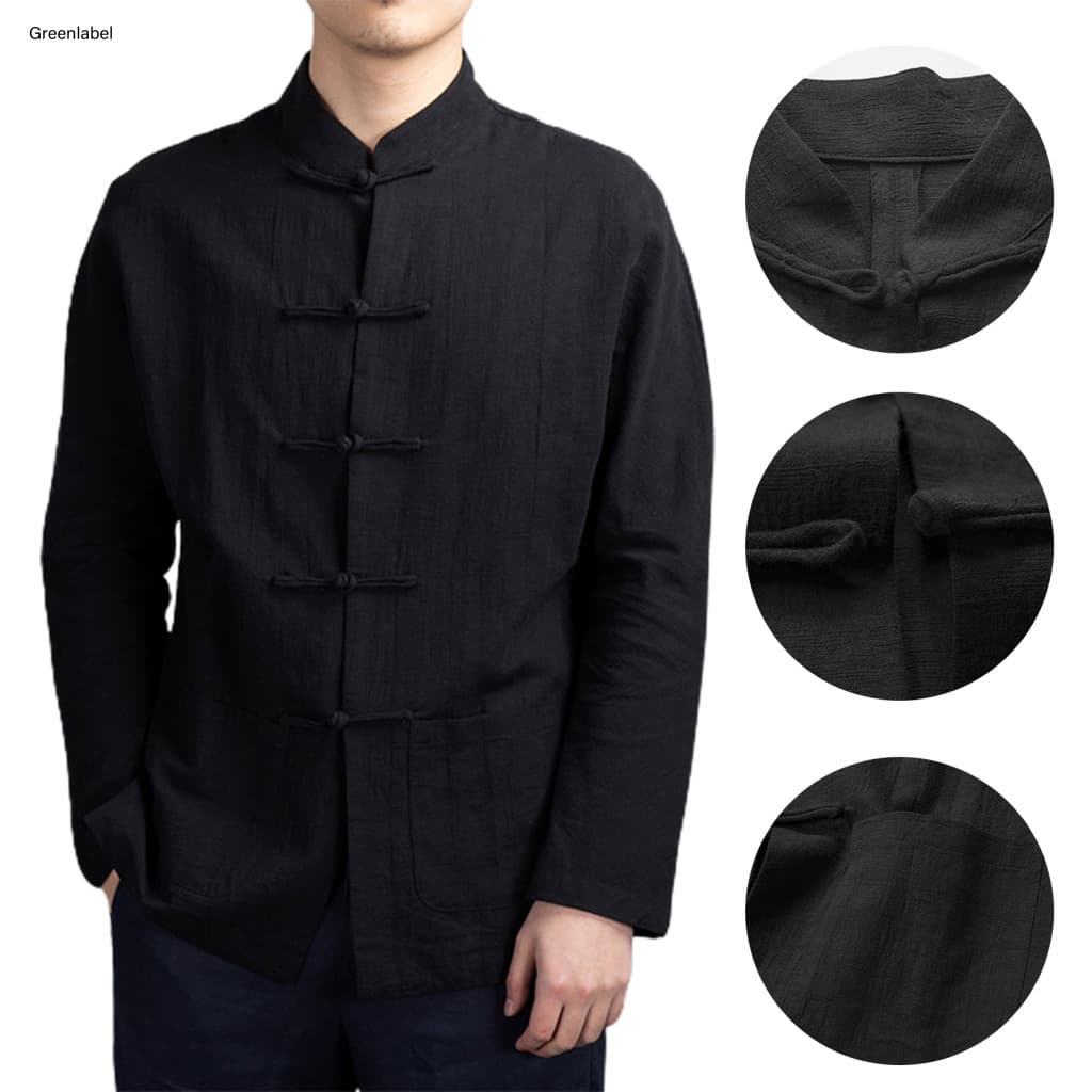 Long Sleeve Pockets Shirt Lightweight Breathable Men Traditional Chinese Style Men's Mandarin Collar Kung Fu Tai Chi Top with Asian Tang