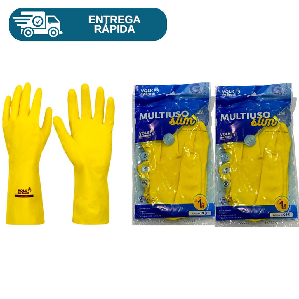 Kit 2 Prs Luva De Latex Amarela Multiuso Forrada Antiderrapante Impermeável Para Limpeza Louça Faxina Jardinagem Volk