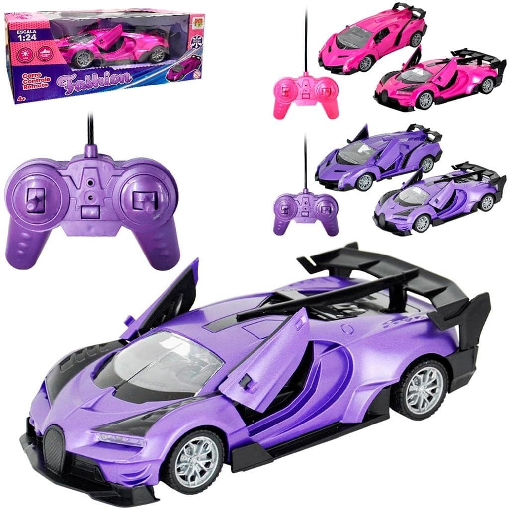 Carrinho De Controle Remoto Com Luzes Roxo E Rosa Realista Abre As Portas 20 Cm - Dm Toys