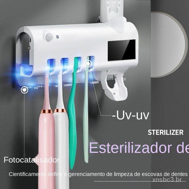 Dispenser Automático de Pasta de Dente  com Suporte de Escovas e Esterilização UV USB