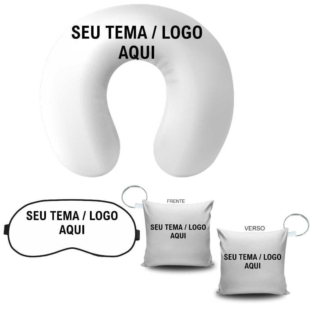 Almofada de Pescoço Tapa Olho (Máscara de dormir viagem) e Chaveiro Com a Sua Arte Logo