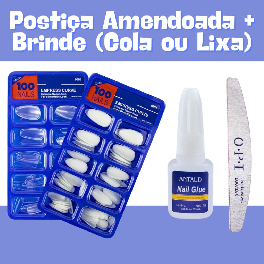 KIT 100 UNHAS POSTIÇAS AMENDOADA NATURAL REALISTA + BRINDE ESPECIAL