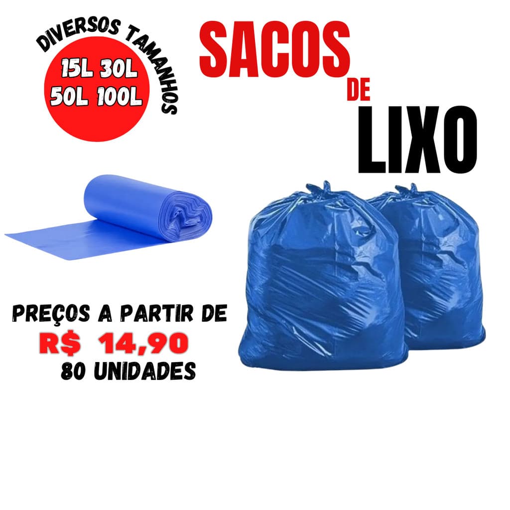 Saco de Lixo Azul Rolos de 15, 30, 50 e 100 Litros Embalagem Plástica para Lixo
