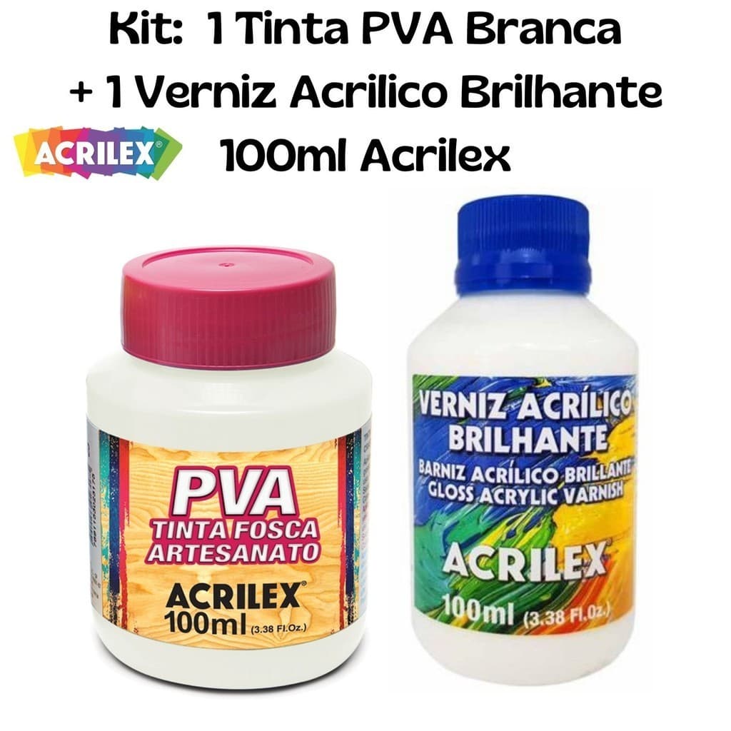Kit 1Tinta Branca PVA 100ml + 1 Verniz Acrilico Brilhante 100ml Acrilex