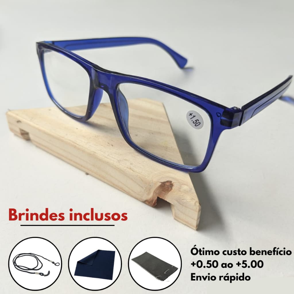Óculos De Grau Para Leitura / Descanso / Trabalho Unissex + Cordão Capinha e Flanela - Graus 0.50 até 5.00 - Azul