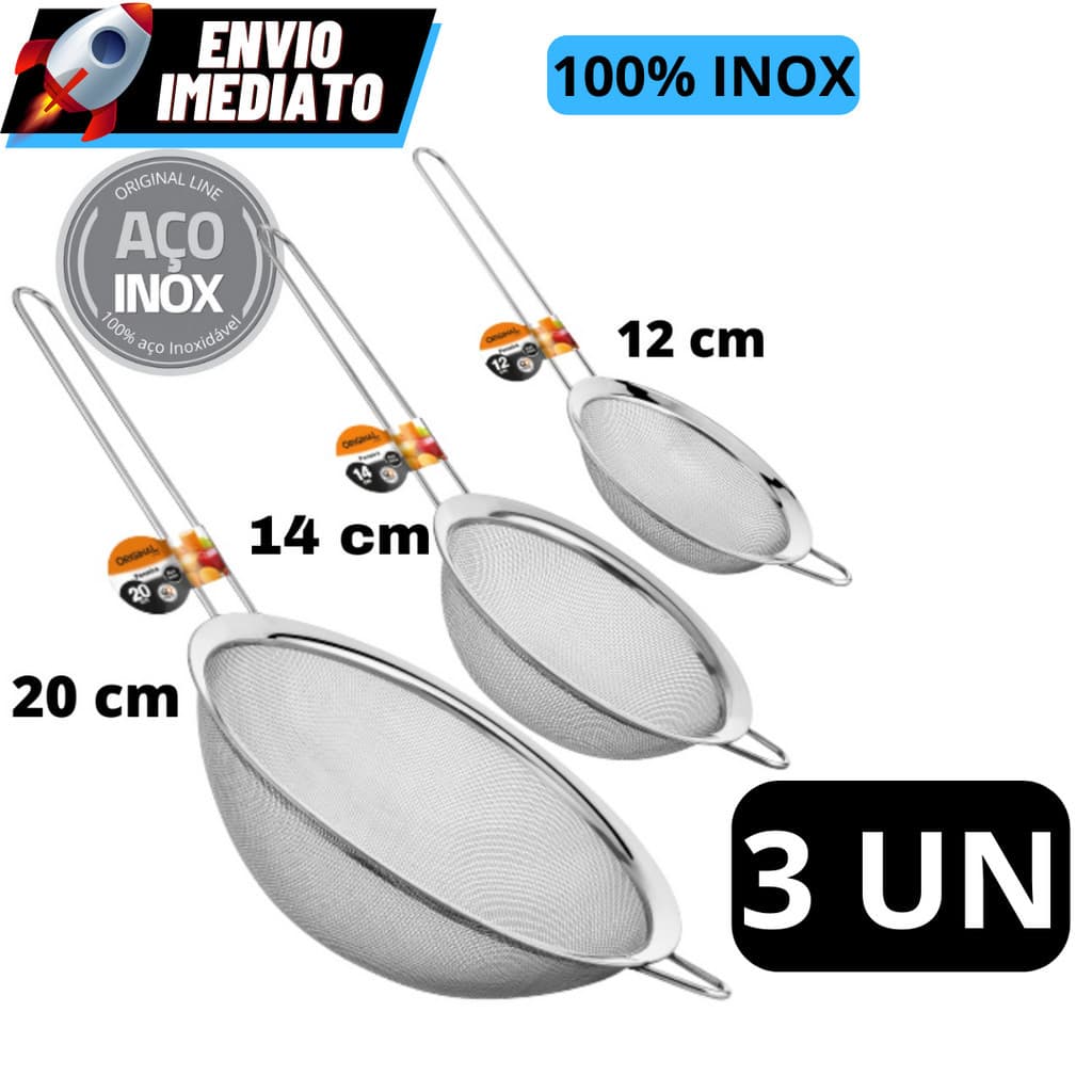 Peneiras  1 / 2/ 3  peneiras 12 cm 14 cm e 20 cm  De Aço Inox Utensílios De Cozinha