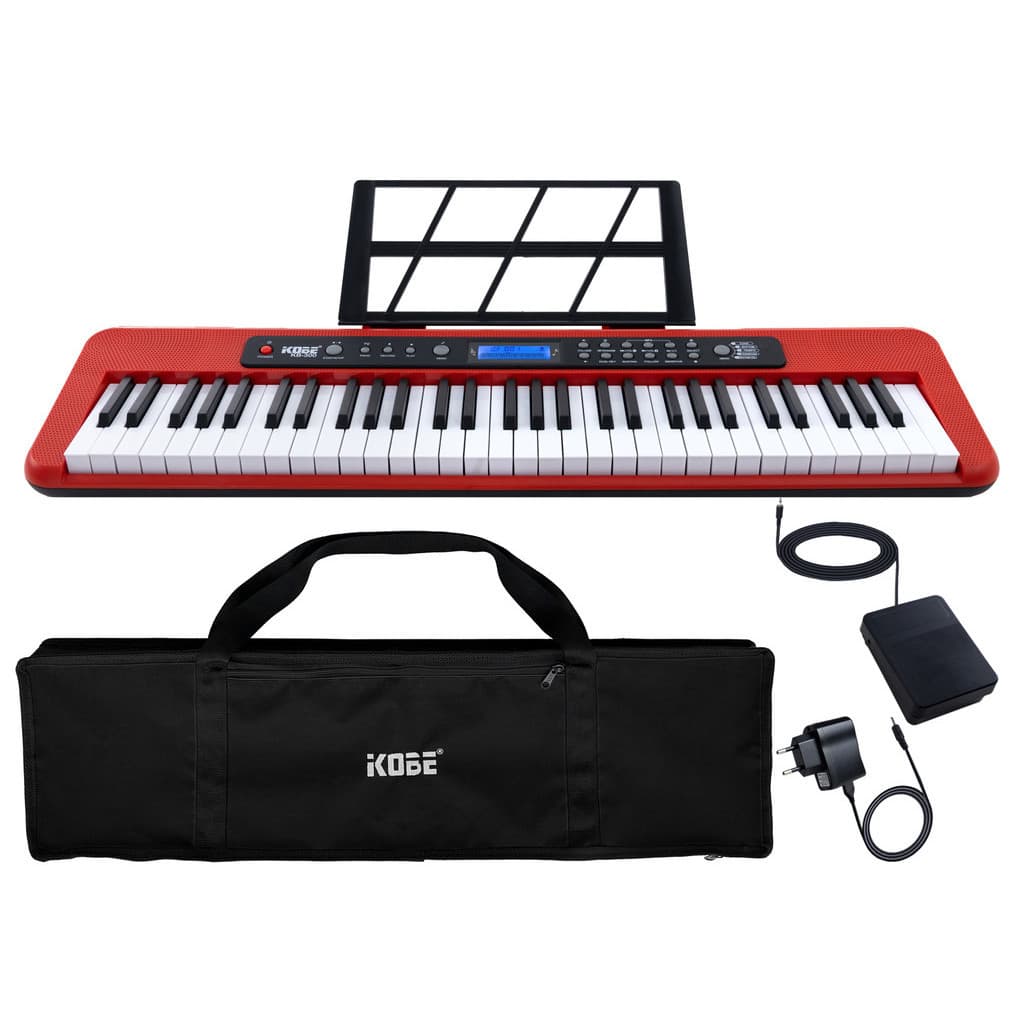 Kit Teclado Musical Kobe KB-300 5/8 61 Teclas Sensíveis ao Toque com Pedal Sustain e Capa Preta